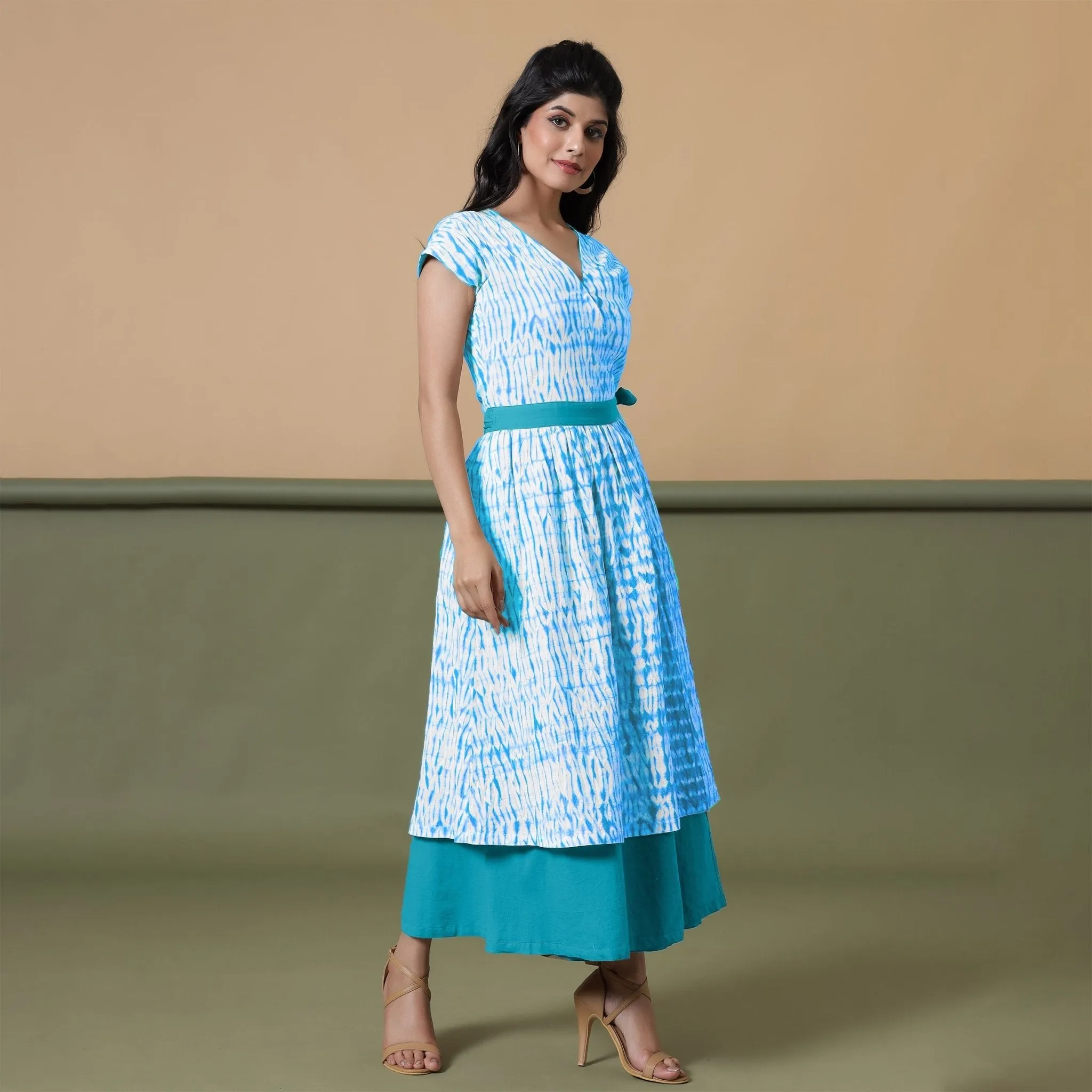Reversible Ocean Blue Tie-Dye Cotton V-Neck Maxi Wrap Dress