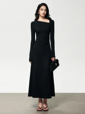 Ribbed Knit Asymmetric Long Modern Sleeve Bodycon Long Dress