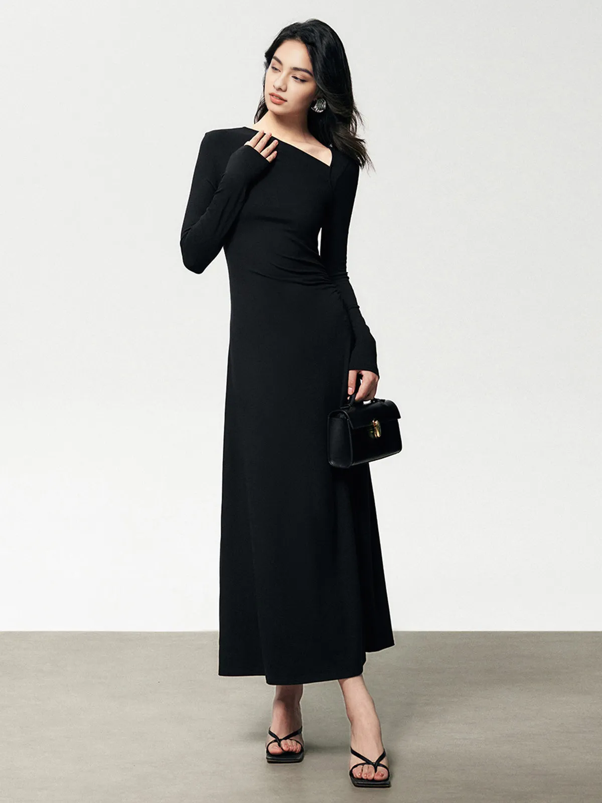 Ribbed Knit Asymmetric Long Modern Sleeve Bodycon Long Dress