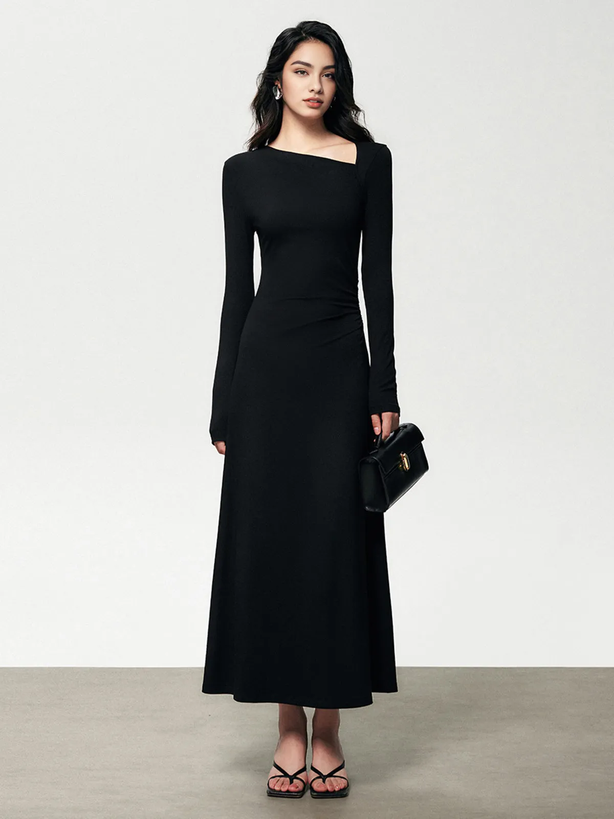 Ribbed Knit Asymmetric Long Modern Sleeve Bodycon Long Dress