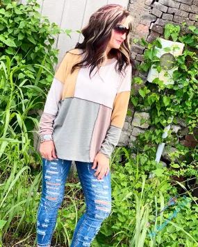 Rich Latte Color Block Long Sleeve Top