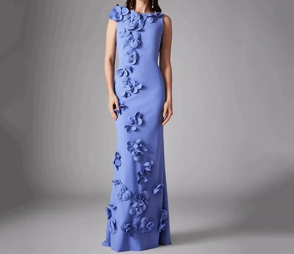 Round neck straight satin 3D flowers slim-fit backless dress