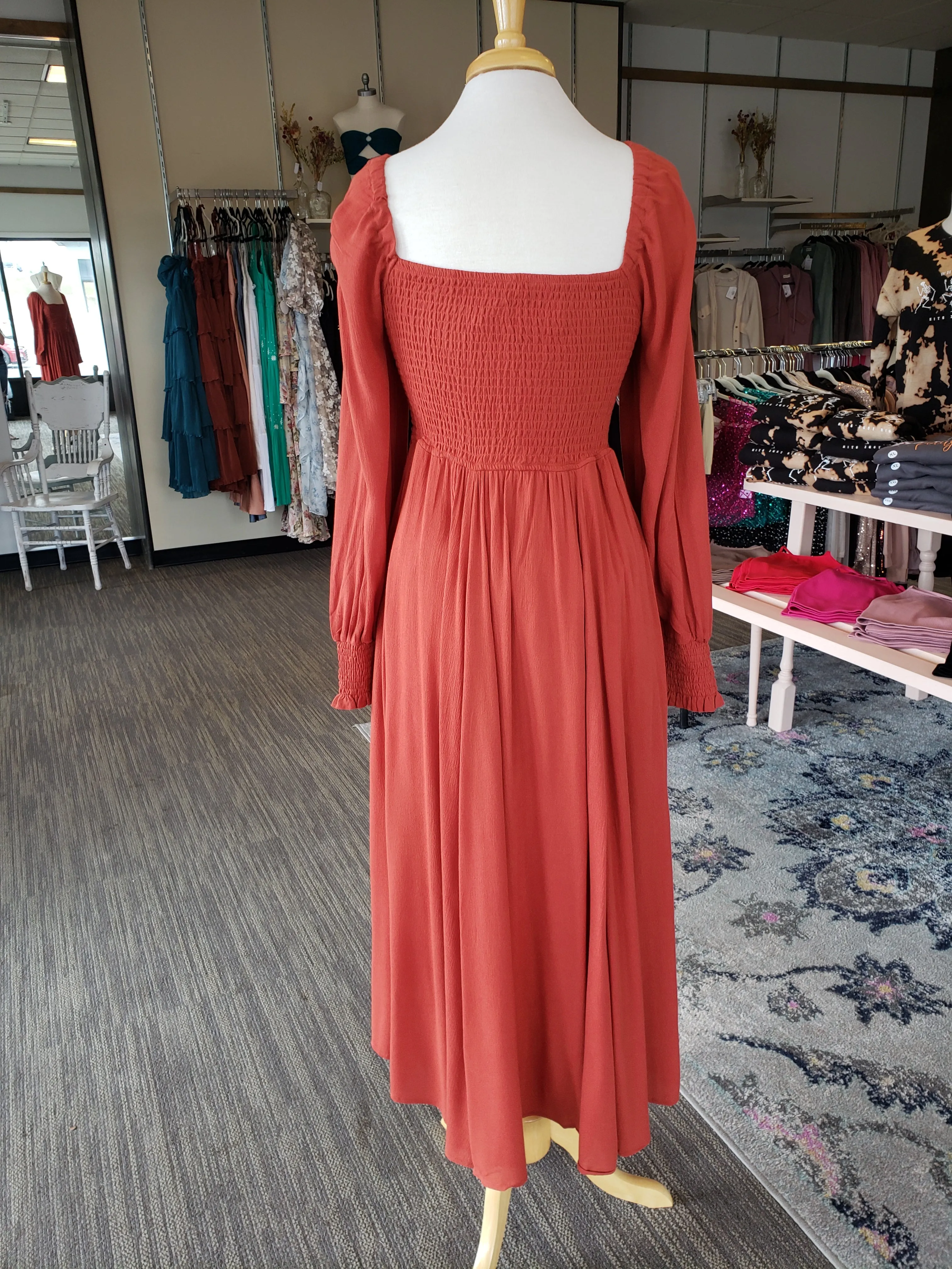 Rust Ruched Bodice Maxi Dress