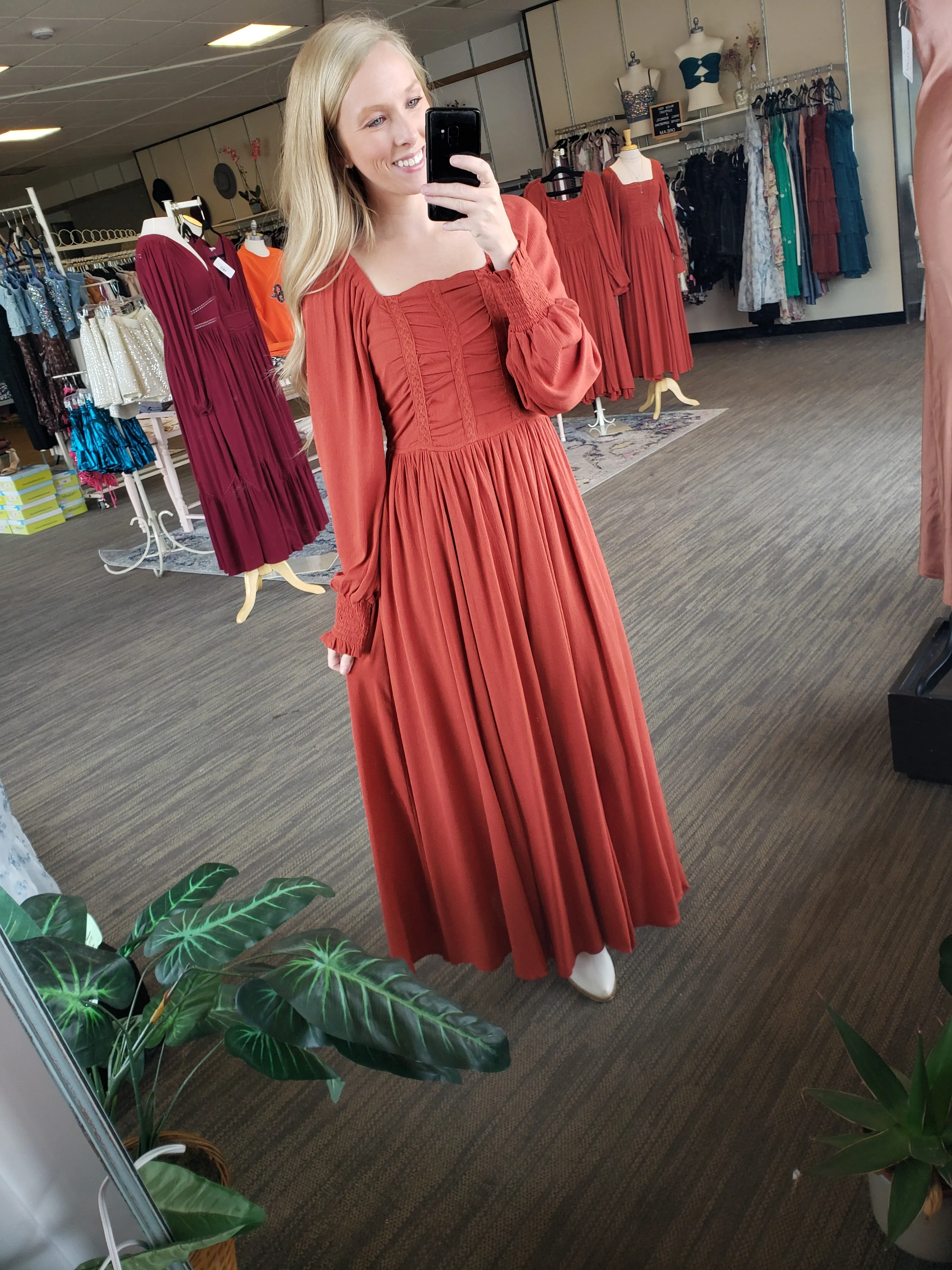 Rust Ruched Bodice Maxi Dress