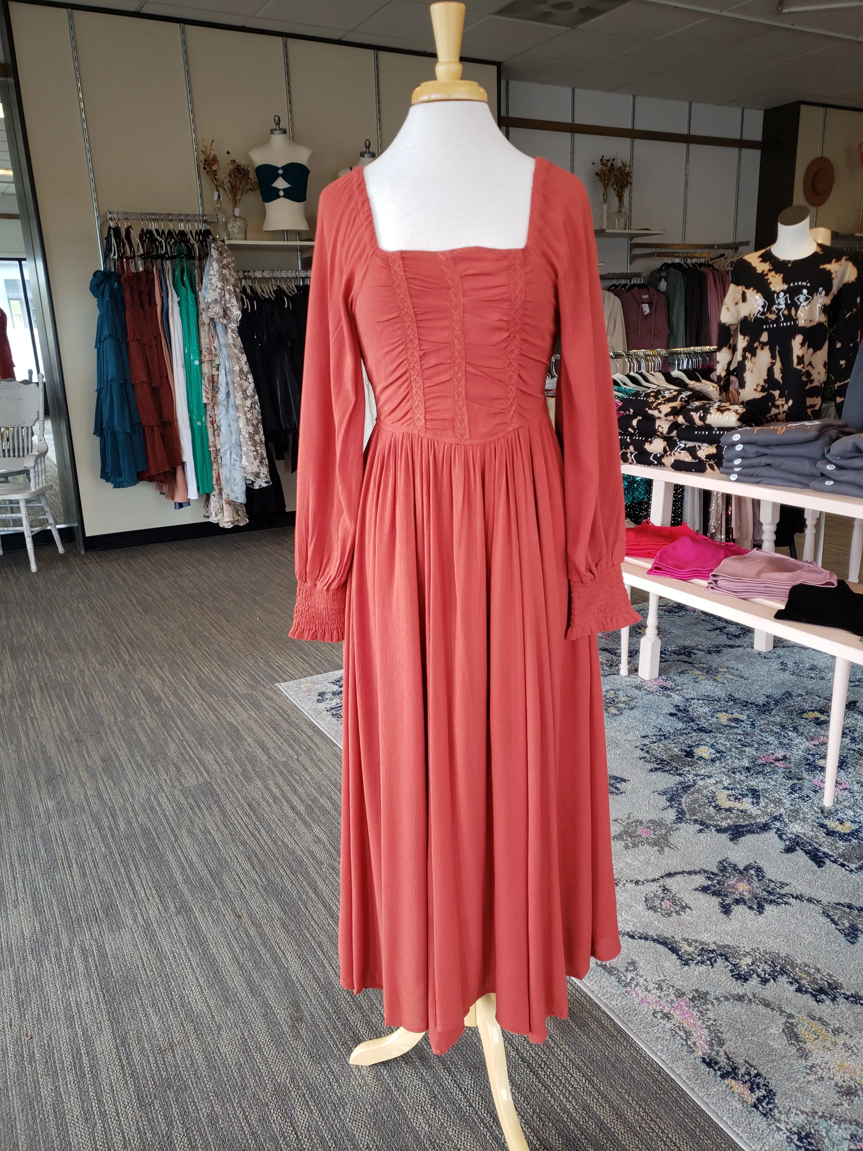 Rust Ruched Bodice Maxi Dress