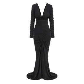 Sexy Deep V Neck Ruched Long Sleeve Split Fishtail Maxi Evening Dress