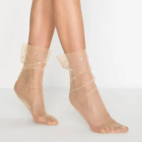 Sheer, Loose Fitting, Nude Tule Socks with Crystals