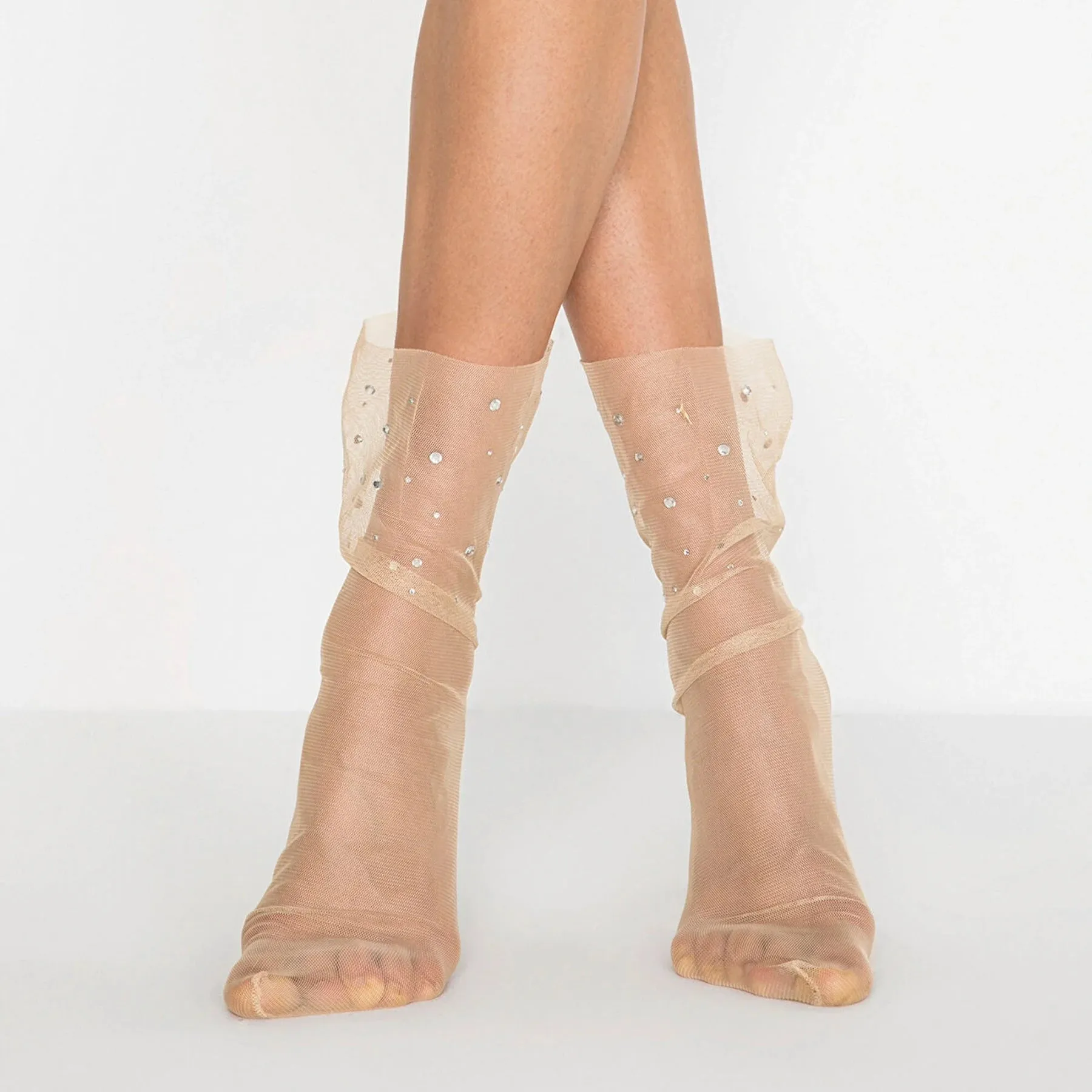 Sheer, Loose Fitting, Nude Tule Socks with Crystals