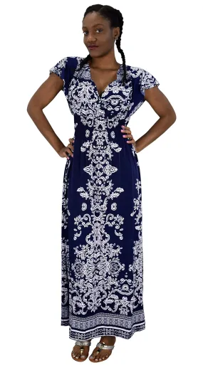 Summer Fashion Womens Surplice Bodice Cap Sleeves Damask Maxi Dress
