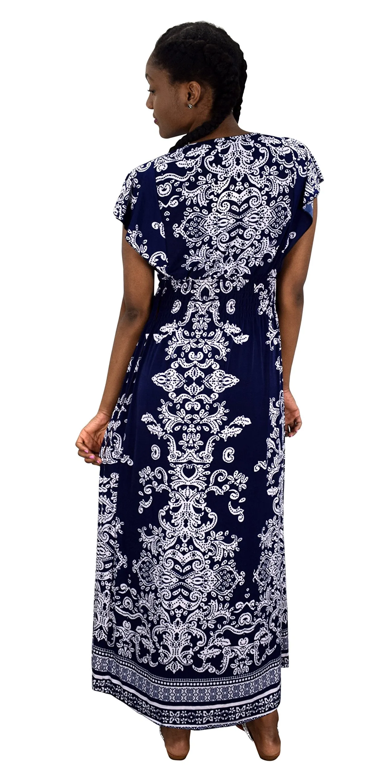 Summer Fashion Womens Surplice Bodice Cap Sleeves Damask Maxi Dress