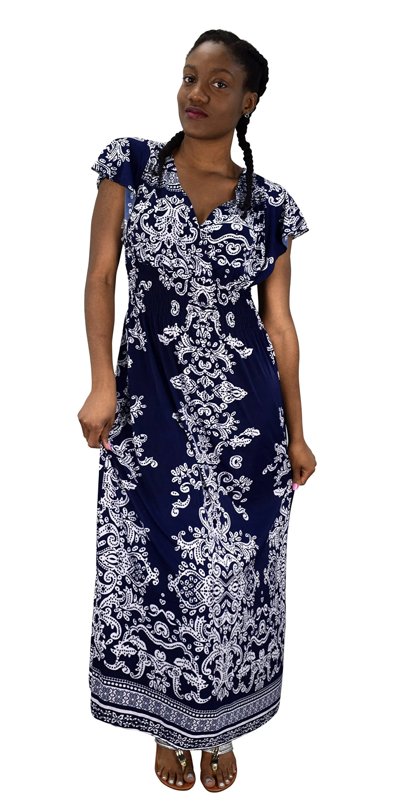 Summer Fashion Womens Surplice Bodice Cap Sleeves Damask Maxi Dress