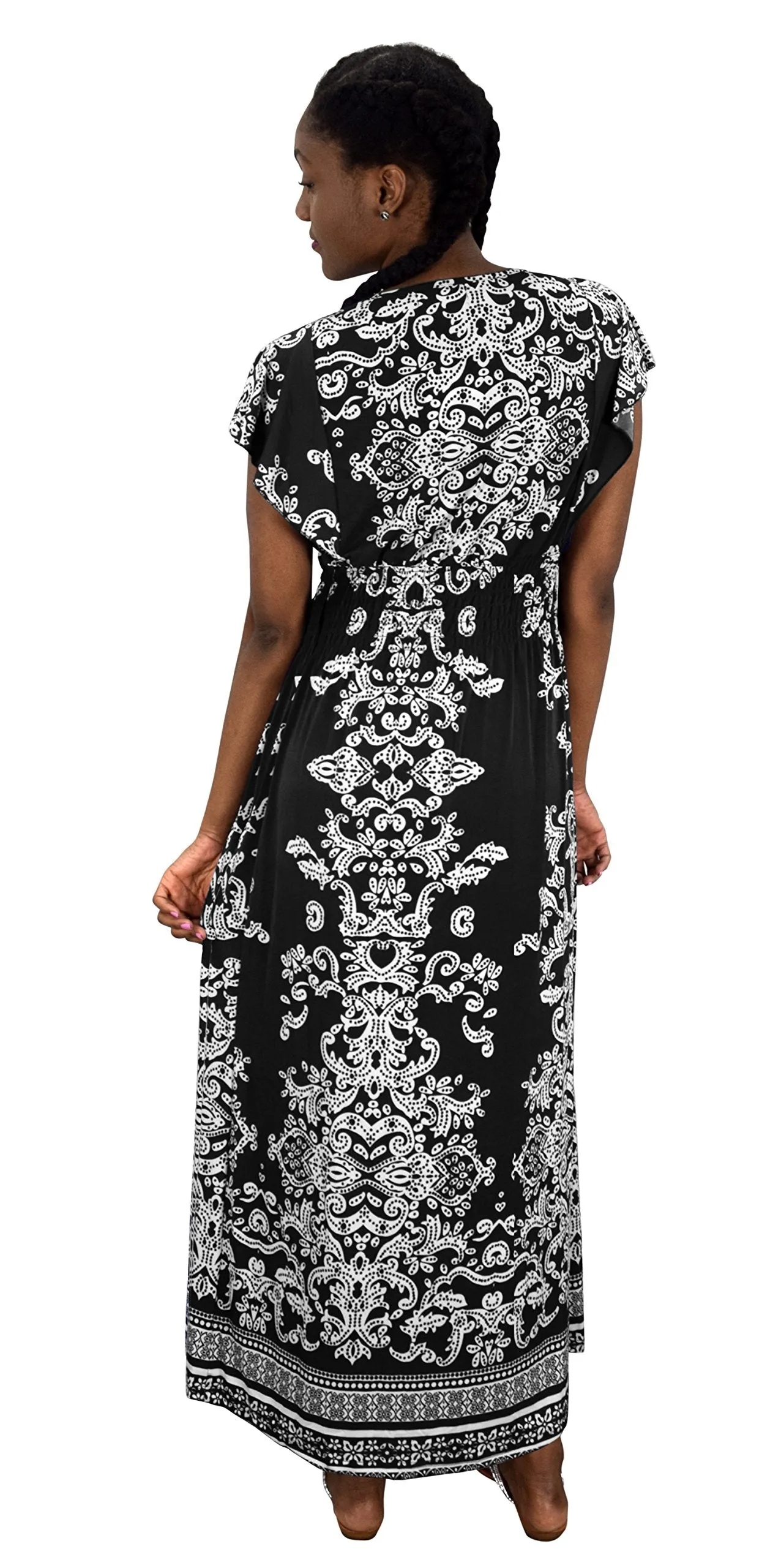Summer Fashion Womens Surplice Bodice Cap Sleeves Damask Maxi Dress