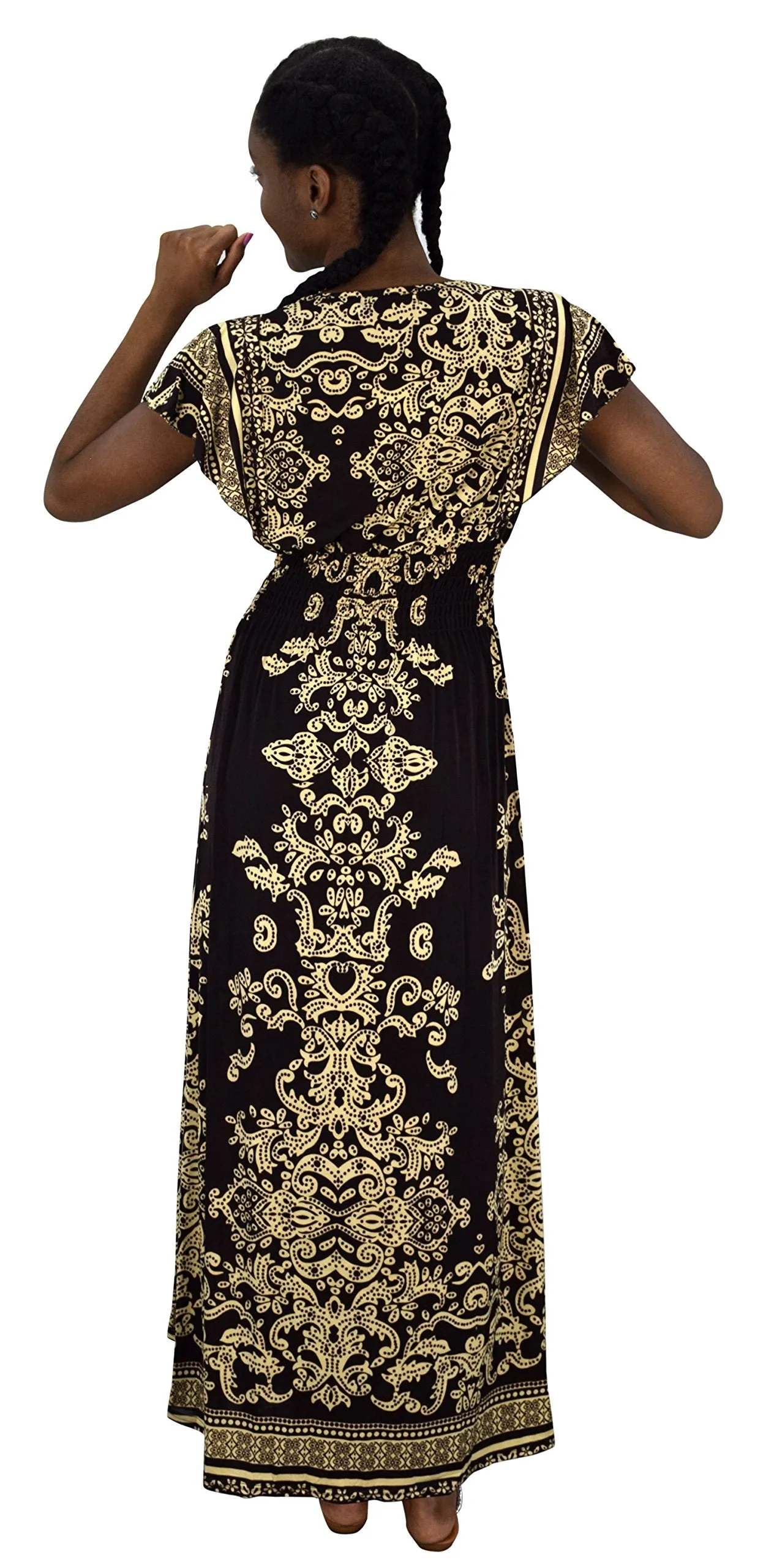 Summer Fashion Womens Surplice Bodice Cap Sleeves Damask Maxi Dress