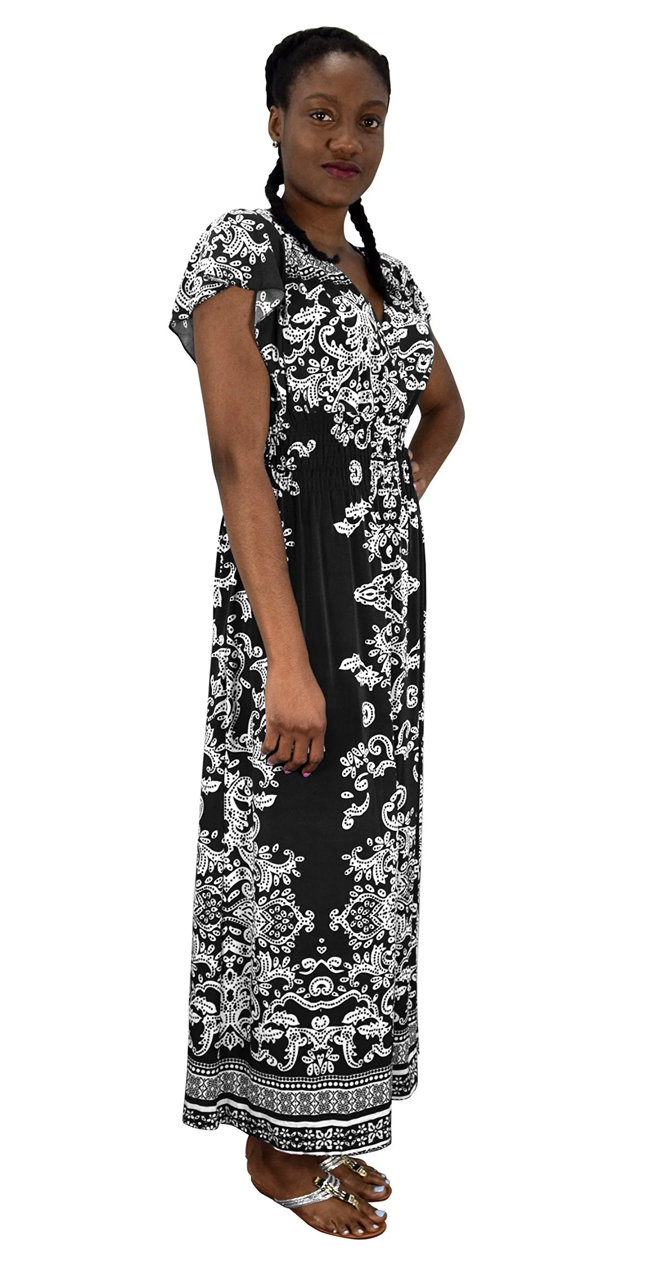 Summer Fashion Womens Surplice Bodice Cap Sleeves Damask Maxi Dress