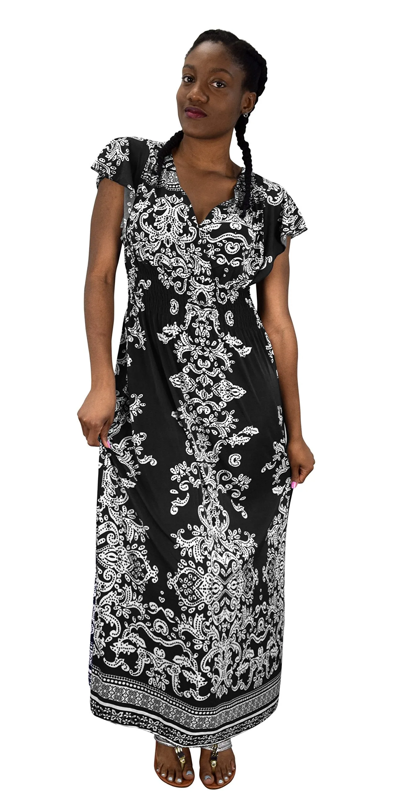 Summer Fashion Womens Surplice Bodice Cap Sleeves Damask Maxi Dress