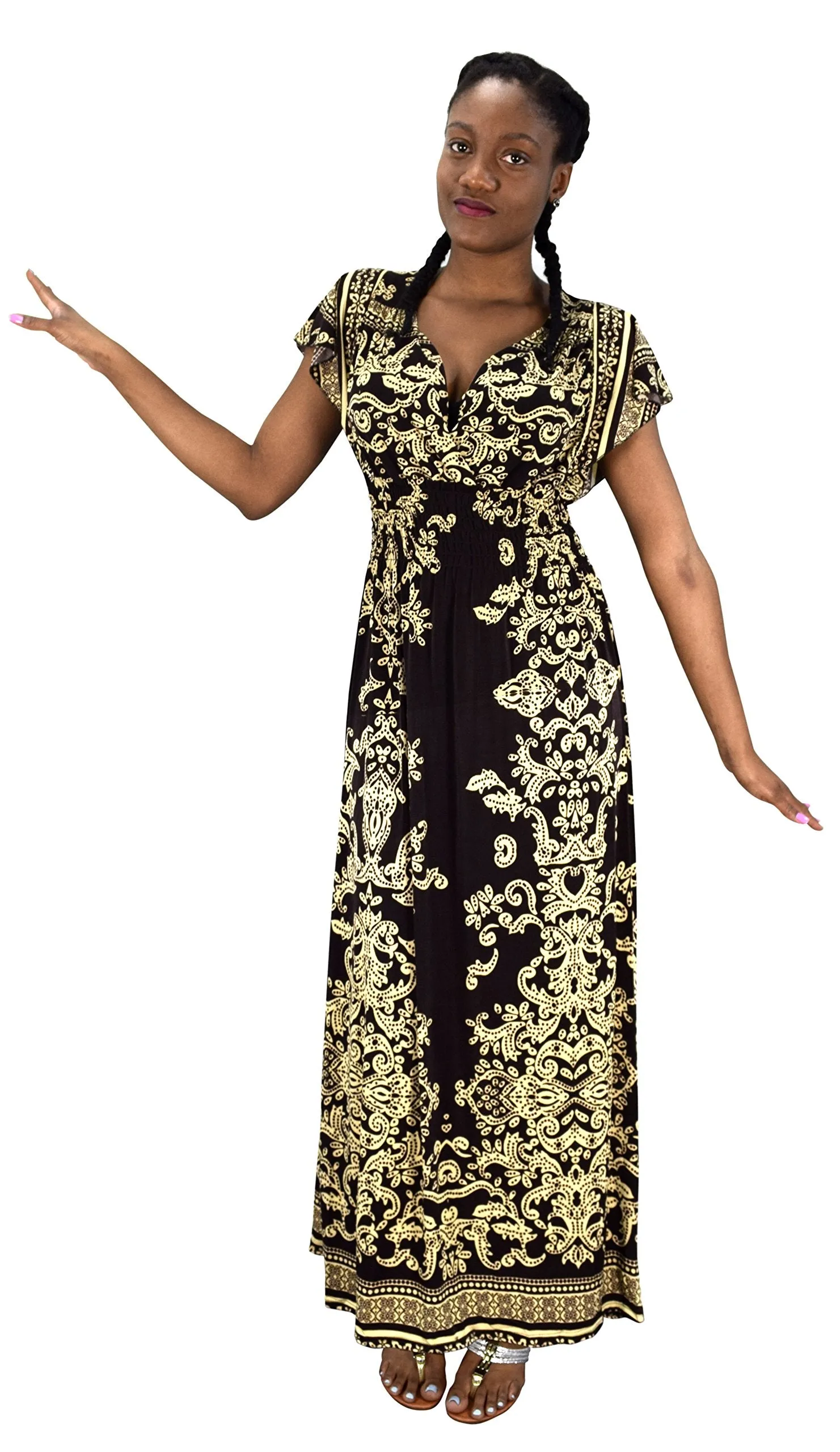 Summer Fashion Womens Surplice Bodice Cap Sleeves Damask Maxi Dress