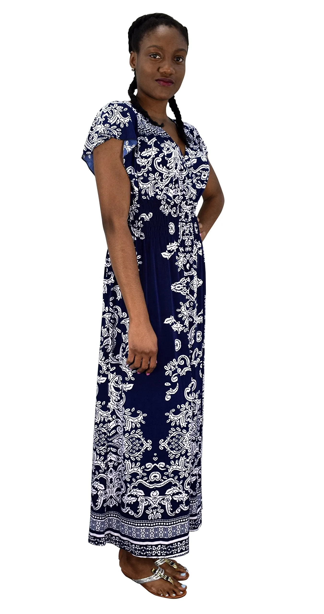 Summer Fashion Womens Surplice Bodice Cap Sleeves Damask Maxi Dress