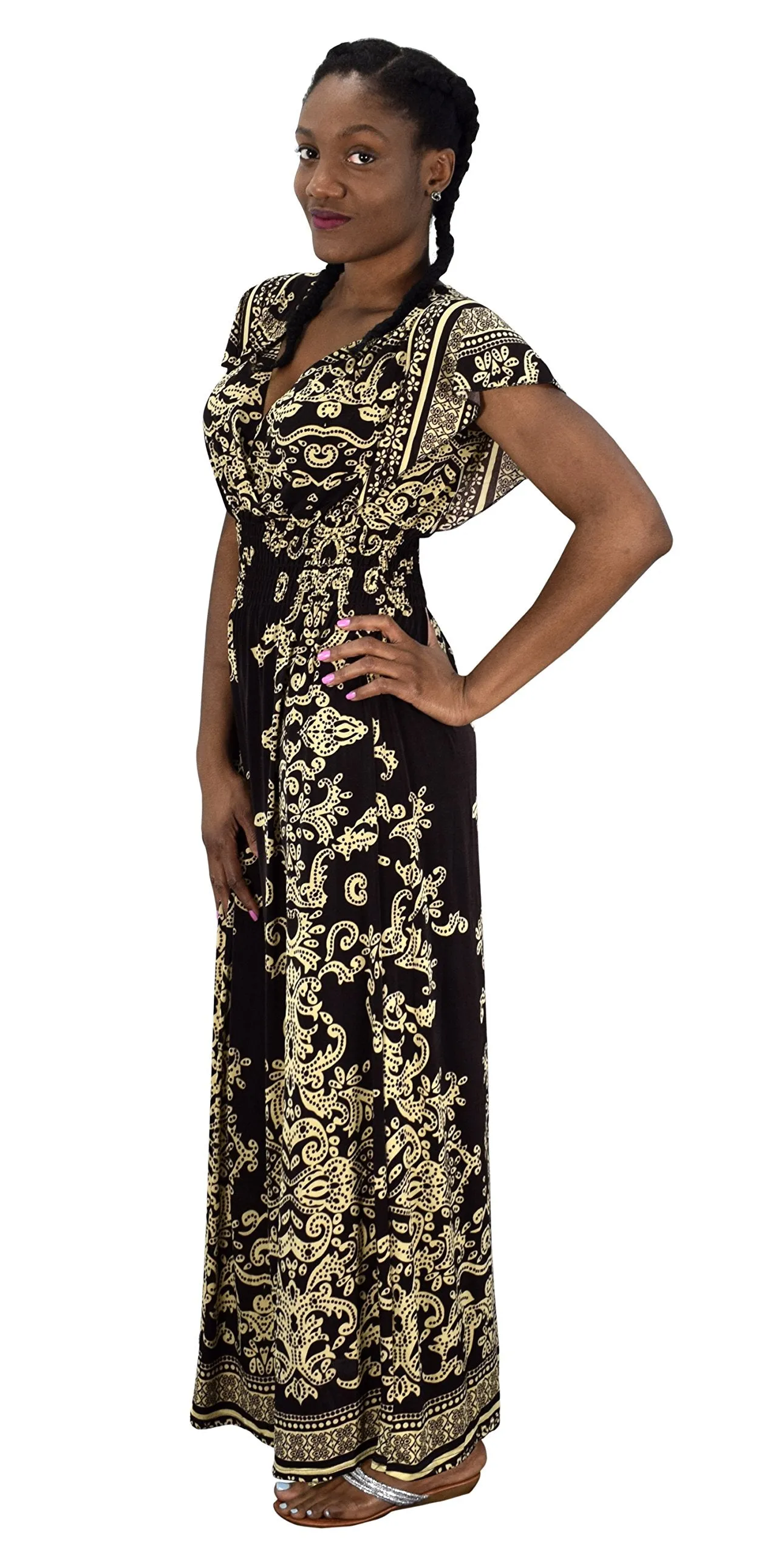 Summer Fashion Womens Surplice Bodice Cap Sleeves Damask Maxi Dress