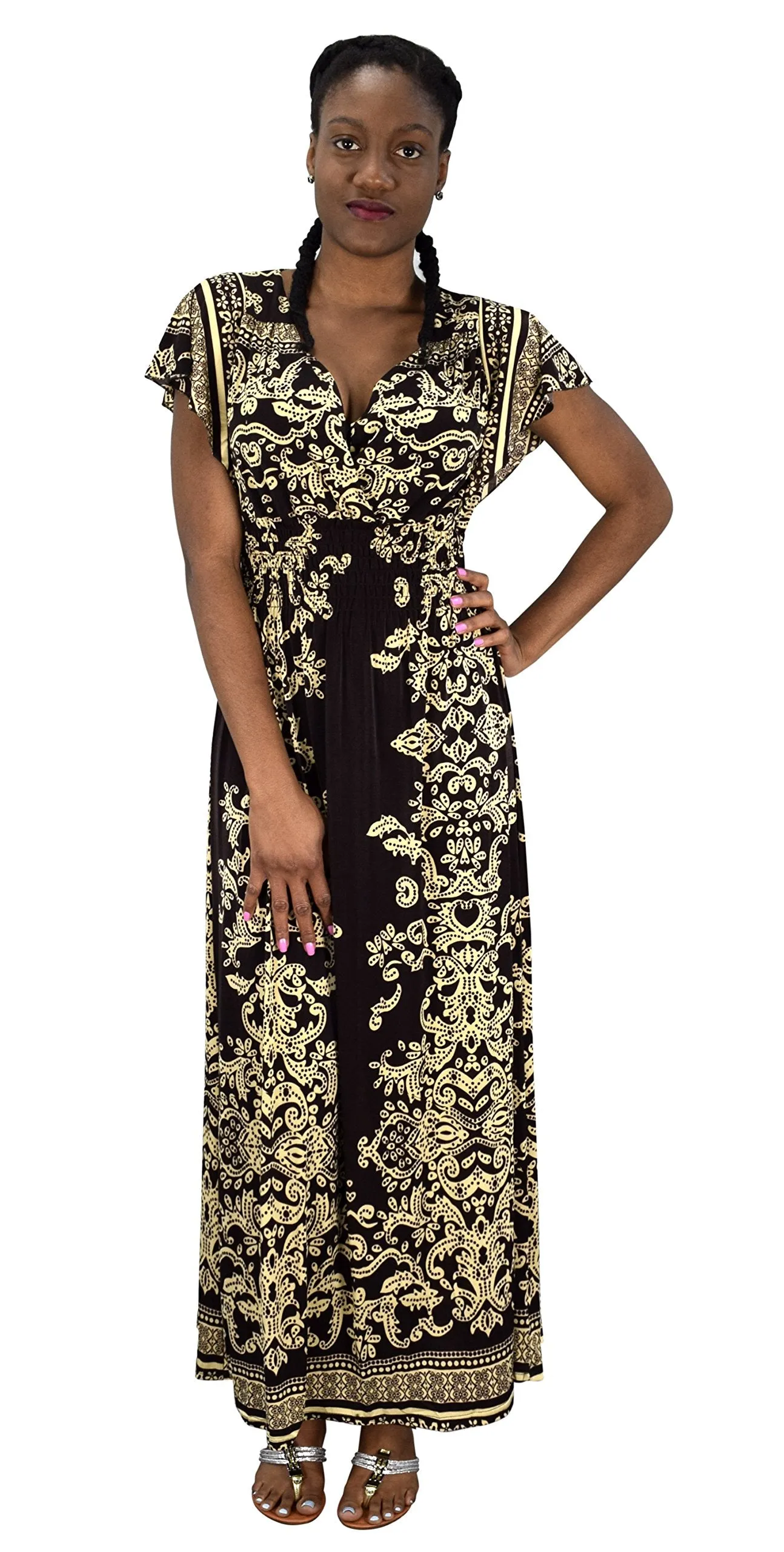 Summer Fashion Womens Surplice Bodice Cap Sleeves Damask Maxi Dress
