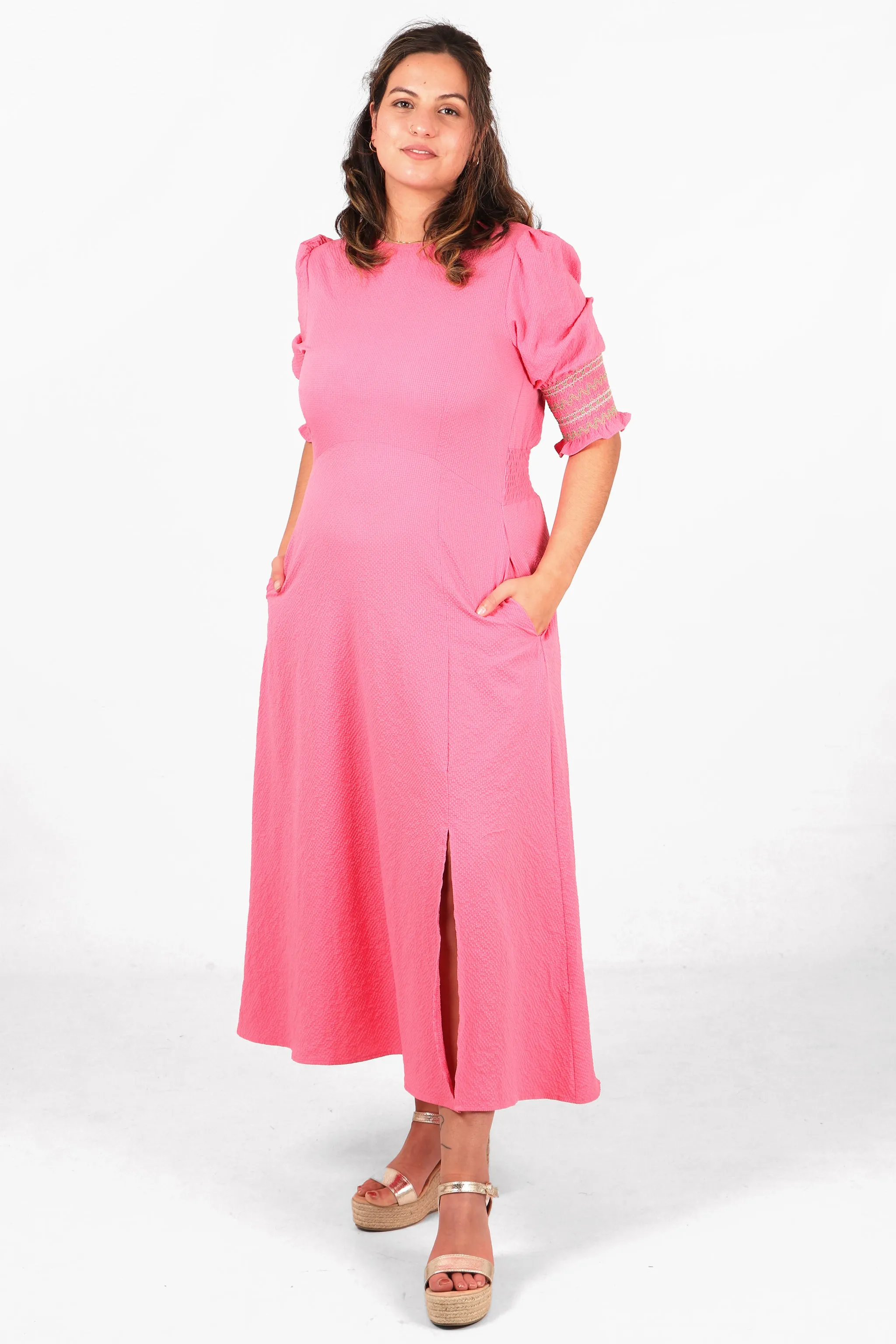 Textured Midaxi Front Split Tea Dress with Embroiderd Shirred Cuffs in Pink