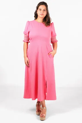Textured Midaxi Front Split Tea Dress with Embroiderd Shirred Cuffs in Pink