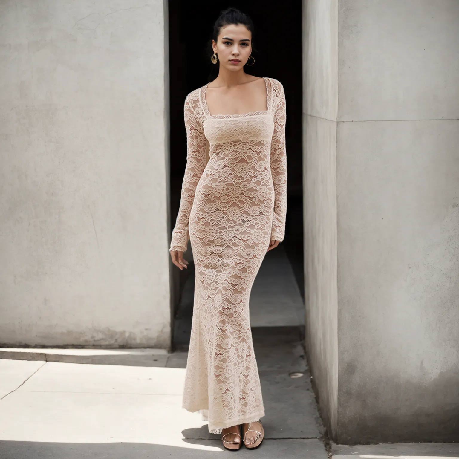 Trendy Allure: Lace Stitching See-Through Long Sleeve Sheath Dress
