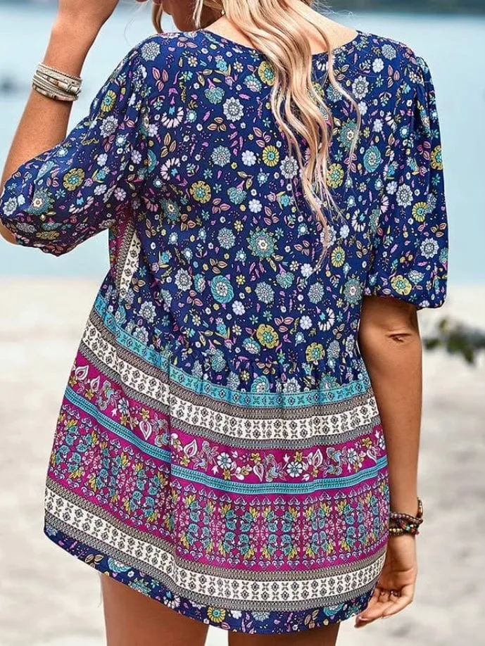 Women’s Floral Deep V Color Block Top