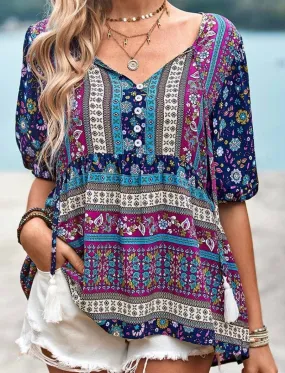 Women’s Floral Deep V Color Block Top
