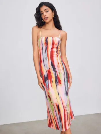 Woven square neck abstract midi dress in multi